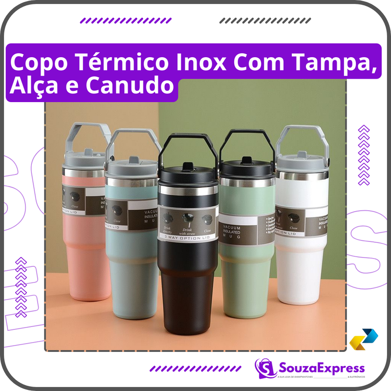 Copo Térmico 900ml - Tampa Alça e Canudo